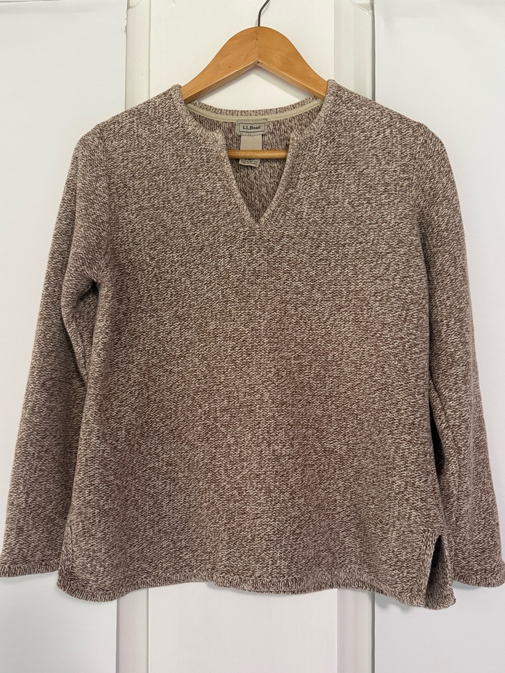 Vtg L.L. Bean Sweater Womens M Marled Brown Heavy Knitted Cozy L/S Split Neck